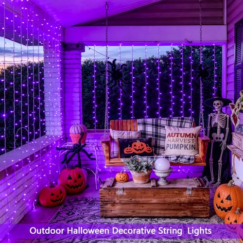 Image of JMEXSUSS 200 LED USB Purple Halloween Lights, 6.5ft x 6.5ft | Halloween Curtain Lights with Remote, 8 Modes Purple Curtain String Lights for Bedroom Party Halloween Decorations