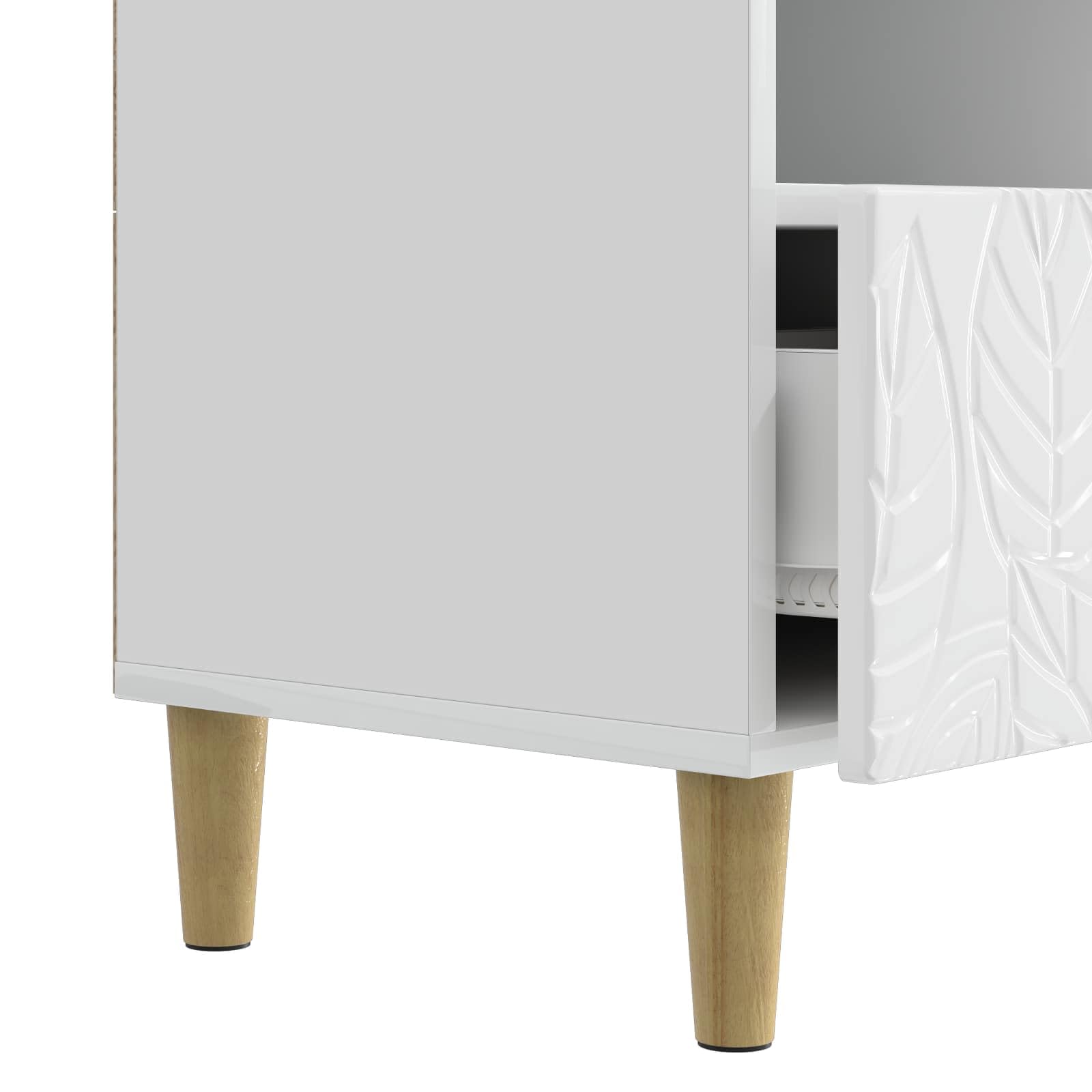 Mobile TV bianco lucido, 102 x 34,5 x 50 cm, in legno con 3 cassetti e gambe in eucalipto massiccia, versatile spazio per soggiorno, giochi, home theater, console multimediale