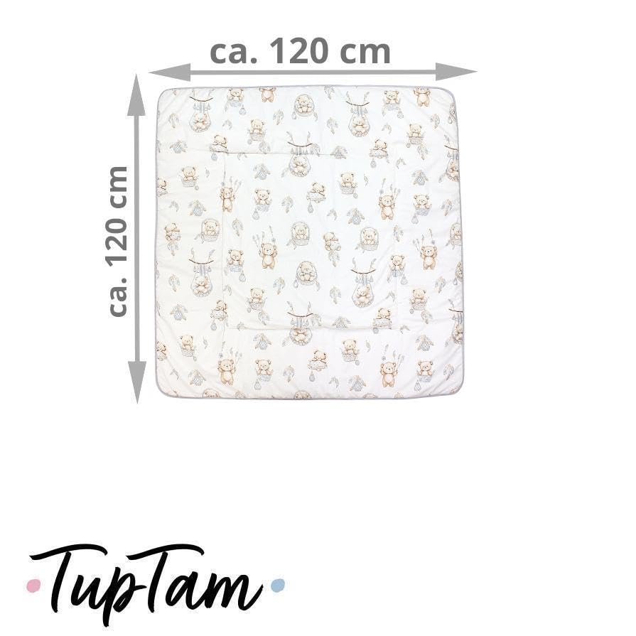 TupTam Krabbeldecke für Baby 120x120 cm - Gepolsterte Spieldecke Baby Baumwolle, XXL, OEKO-TEX, Weich & Hautfreundlich, Farbe: Teddybären in Körbchen Beige Ecru