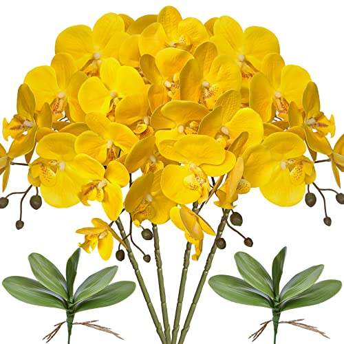 FagusHome 32 Inches Artificial Phalaenopsis Flowers 4 Pcs with 2 bundles Leaves Artificial Orchid Flowers Stem Plants for Home Décor (Yellow)