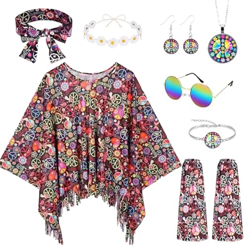 Deguisement Hippie Femme 80s 70s,10 Pièces Accessoire Hippie Déguisement Femme avec Bandeaux,Couvre-jambes,lot de Déguisement Hippie pour Halloween Disco Hip-pie Carnaval Anniversaire Fête(Marron)