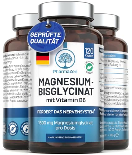 Magnesium Bisglycinat hochdosiert 1500 mg Magnesiumbisglycinat Komplex mit Vitamin B6 300mg elementares Magnesium pro Tagesdosis 120 Kapseln Premium chelatiertes Glycinat laborgeprüft vegan