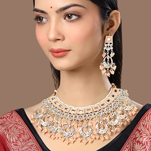 Image of Yellow Chimes Ethnic Gold Plated Studded Kundan Beads Flower Design Jewellery Set Multicolour Meenakari Choker Necklace Set for Women and Girls
