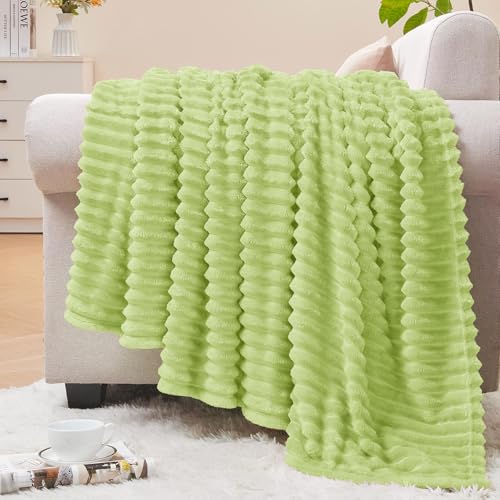 Image of BEDELITE Fleece Blanket Twin Size - 3D Ribbed Jacquard Soft and Warm Decorative Fuzzy Blankets - Cozy, Fluffy, Plush Lightweight Throw Blankets for Couch, Bed, Sofa(Cream Lime, 60x80 inches)