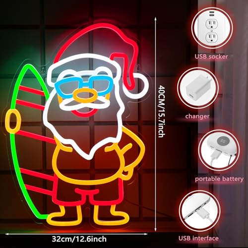 Image of Xuhal Christmas Neon Sign Summer Christmas Decorations LED Neon Sign Light USB Wall Bar Living Room Decor for Winter Decor Party Home Bedroom Office Table Art Gifts(Santa Claus)