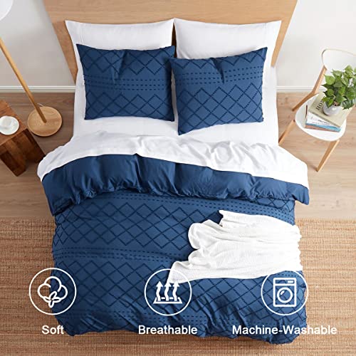 Image of Nestl Boho Bedding Queen - Navy Textured Duvet Cover Set, 3 Piece Tufted Boho Duvet with Zipper Closure, 90x90 Inches and 2 Pillow Shams