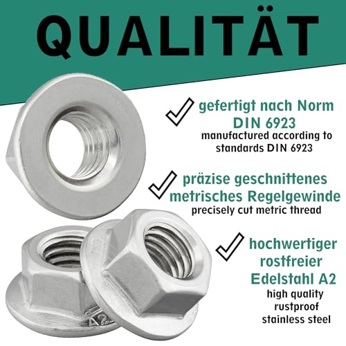 Flanschmutter ohne Sperrverzahnung nach DIN 6923 / Edelstahl A2, V2A / Sechskantmutter mit Flansch ohne Sperrverzahnung, Bundmutter (25 Stück, M8)
