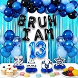 13th Birthday Decorations for Boy Men, Blue Black Happy Birthday Banner 'Bruh I Am 13' (9PCS Aluminum Foil Balloon), Blue Theme Balloons, Fringe, Birthday Table Honeycomb Centerpieces (13th)