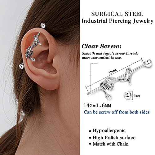 14G Industrial Piercing Jewelry Stainless Steel Industrial Earring for Women Men Snake Chain Dangle Cartilage Helix Piercing Jewelry Industrial Piercing Bar 38MM3