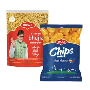 Bikaji Bhujia No.1 & Potato Chips Mast Masala Combo – 280g | Ready to Eat Indian Namkeen | Crunchy Tea-Time Snack, Bar Snack & Party Mix | Authentic Spicy Munchies for Sharing & Everyday Snacking