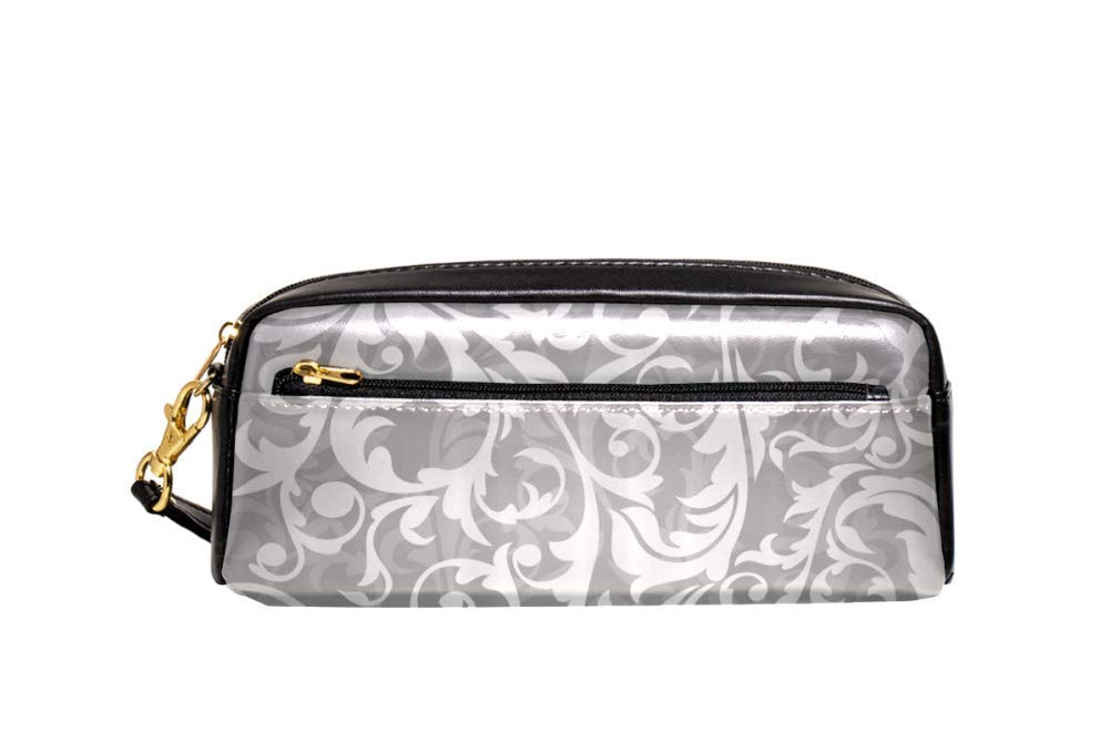 Grey Victorian Style Pencil Case Large Leaf Floral Pattern School Office Supplies Classic Abstract French Vintage Print 