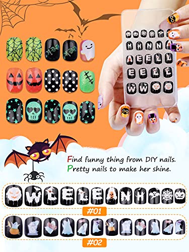 128 Stücke Halloween Künstliche Nägel Kinder falsche Fingernägel, EBANKU Kinder Kunstnägel Press on Nails, Totenkopf… – Bild 3