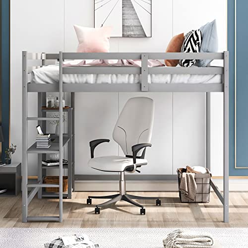 Full Size Loft Bed With Built-In Desk And Shelves,Wood Bed Frame With Built-In Ladder And Full-Length Guardrails,Weight Capacity 600Lb,Space-Saving,Gray Loft-Bed #TOP5