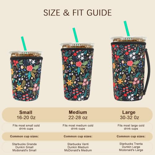 Image of Insulated Neoprene Cup Sleeve for Iced Coffee & Cold Soda - Reusable & Sweatproof, Keeps Drinks Cold Longer, Coffee Coolie for Hot & Iced Drinks (Little Floral, Large: 32oz)