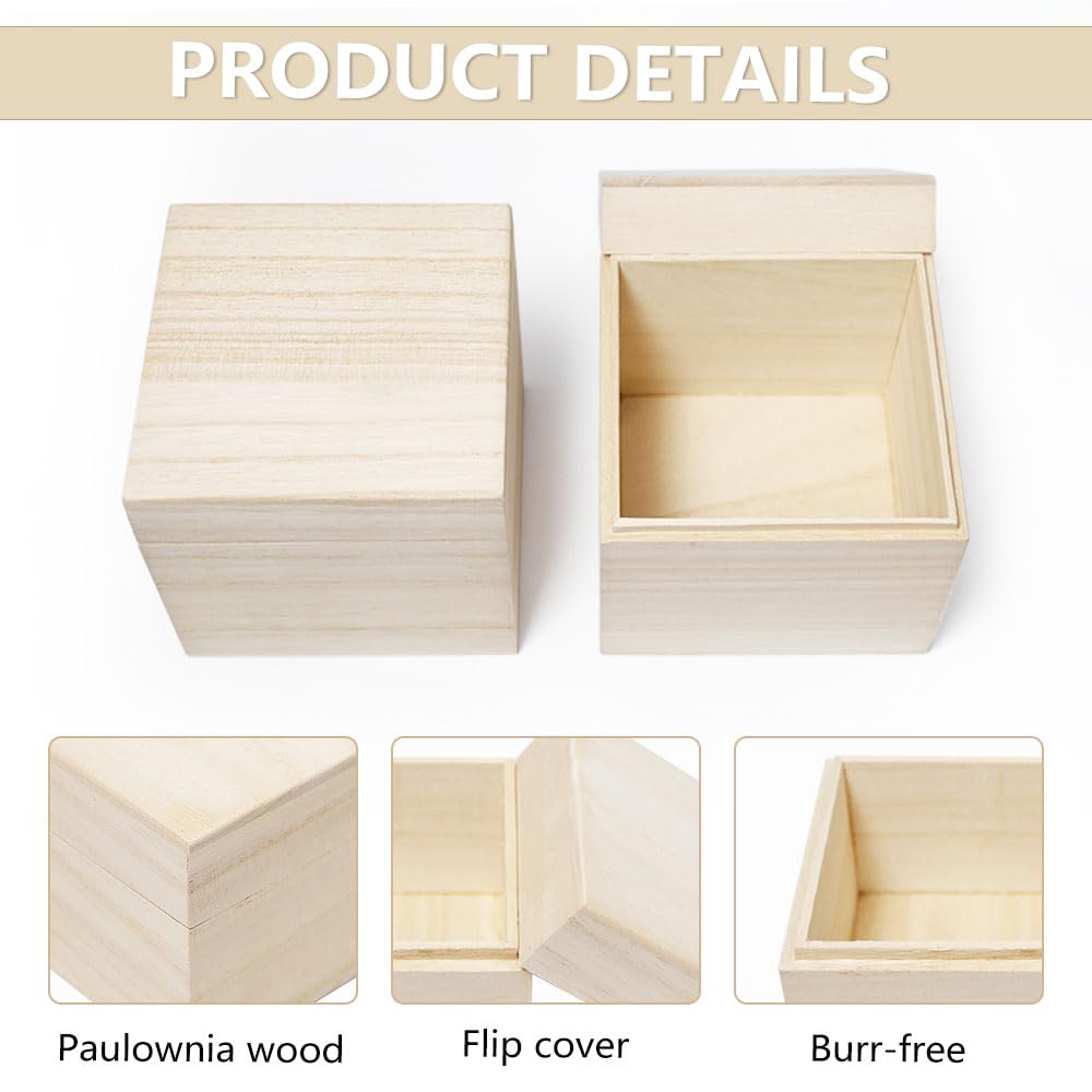 4 Pezzi Piccole Scatole in Legno Quadrate Scatola di Legno Portaoggetti Grezzo con Coperchio Cassette Legno Decorative Non Finita per DIY Artigianato e Contenitori,12x12x11.2cm