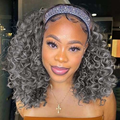 Aisaide Kinky Curly Headband Wig 12 Inch Grey Deep Curly
