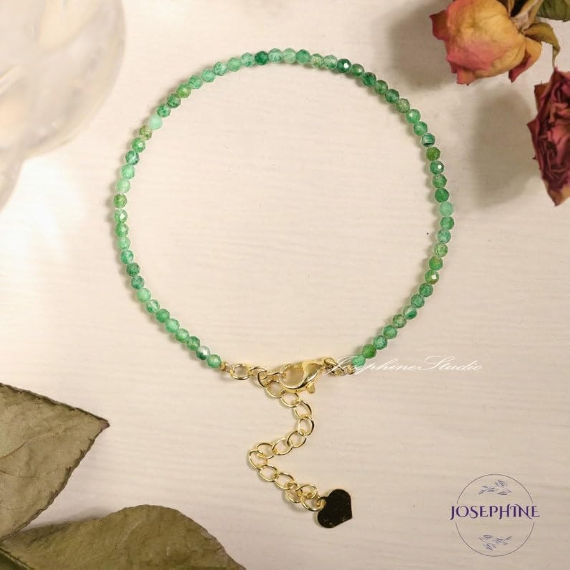 Emerald Round Beaded Bracelet, Adjustable Gold Lock