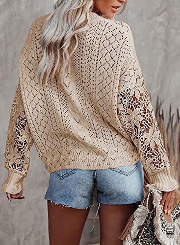 Dokotoo Womens Crewneck Crochet Lace Long Sleeve Hollow Out Cable Knit Sweaters Pullover Tops2