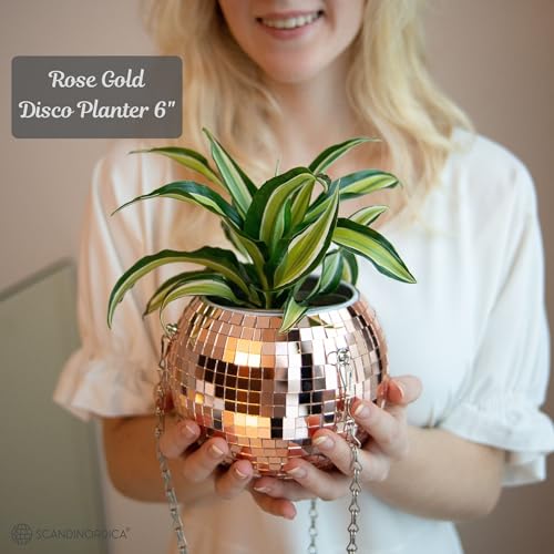 Scandinordica Disco Ball Planter – Value Package: Mirror Disco Planter With Chain, Macrame Hanger And Acrylic Stand For Desk, Includes Self Watering Insert, Quirky Gifts | 6 Inch Rose Gold thumb #1