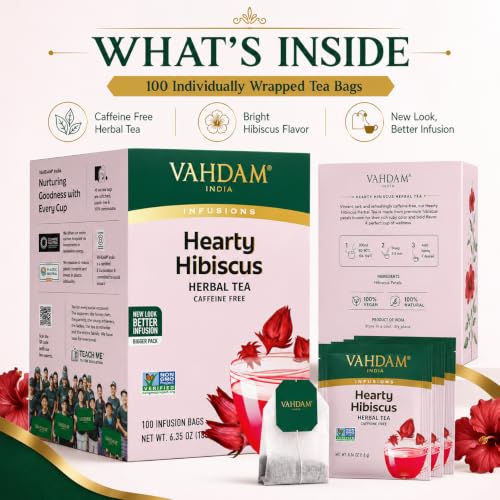 Image of VAHDAM, Hibiscus Tea (100 Tea Bags)| Caffeine Free, Non-GMO, Direct from Source, Eco-Friendly Individually Wrapped Tea Bags