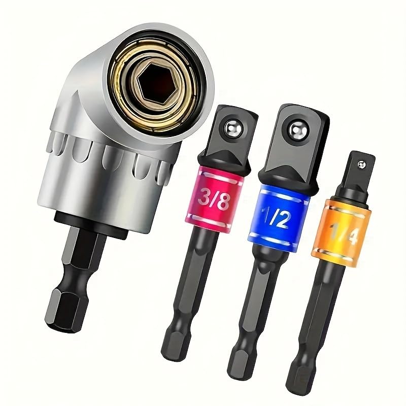 4pcs Impact Grade Power Tool Set with Socket Adapter & Extension - Durable Metal Construction Includes 1/4 3/8 1/2 Hex Shank Drill Bits Nut Driver and 105 Right Angle Attachment