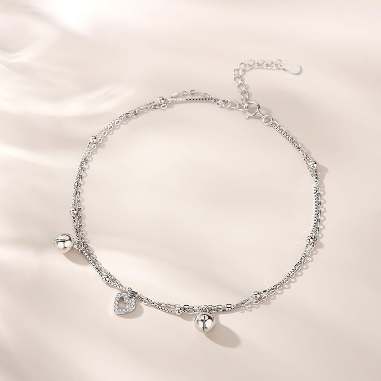 Damen Fußkettchen Weißgold 375/585/750, Fußkette Verstellbar 20+5 cm, Fußschmuck Hochzeit Doppelkette mit Herz und Perlen