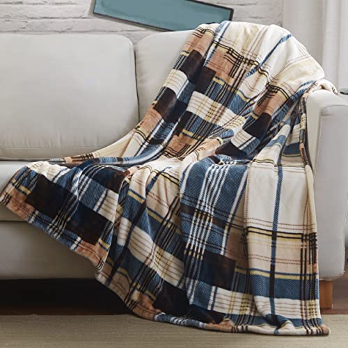 Tache Winter Cabin Blue Tan Farmhouse Super Soft Micro Fleece Tartan Plaid Plush Lightweight Dual-Sided Decorative Couch, Sofa, Travel, Lap, Bed Throw Blanket (63x90)