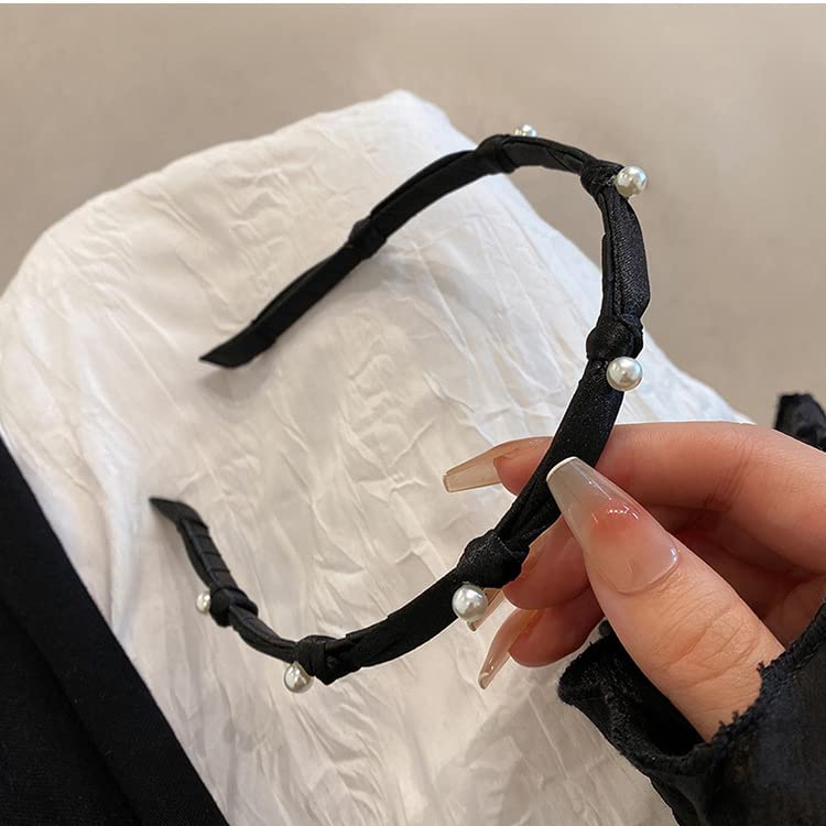 Miniatura 4 de Diademas para mujeres y niñas, diadema con lazo de perlas negras, accesorios para el cabello de boda para mujeres