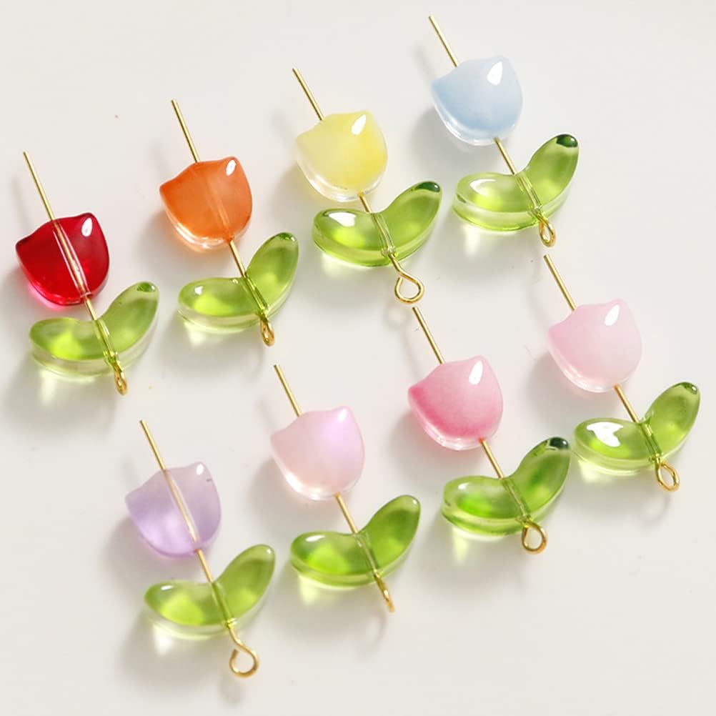 LOGOFUN 200 Pcs Tulip Flower Beads Glass Translucent Bracelet Beads Colorful Handcrafted Crystal Loose Glass Beads for DIY Jewelry Making Mothers Day Gifts (Without Needle) (Pack of 2)