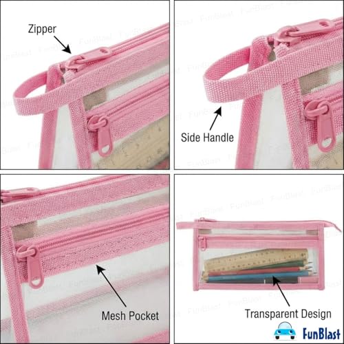 Image of FunBlast Pen Pencil Case, Transparent Pencil Pouch with Zipper Closure Portable Clear Makeup Pouch, Large Capacity Pencil Bag, Stationery Bag for Students Girls Adults Office (Pink-)