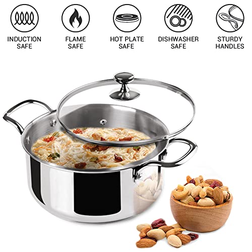 Image of Milton Pro Cook Induction Cookware & Gas Stove Friendly Triply Stainless Steel Casserole Handi /Biryani Pot with Glass Lid 18 cm | 2.3 Litre | Cook-N-Serve Bowl | 2 Year Warranty