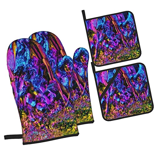Rainbow Titanium Glass Oven Mitts And Pot Holders Sets Of 4 High Heat Resistant Oven Mitts With Oven Gloves And Hot Pads Polyester Potholders For Kitchen Baking Grilling Bbq Non-Slip Cooking Mitts #TOP1