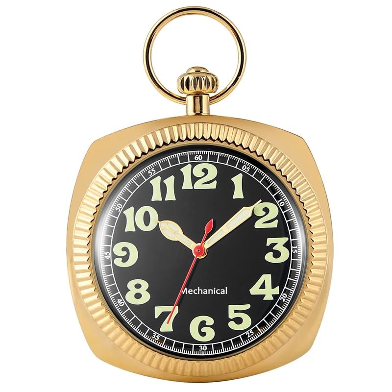 Image of Uncovered Men's Mechanical Pocket Watch with Chain, Uncovered Roman Design Dial Chain Mechanical Pocket Watches for Men