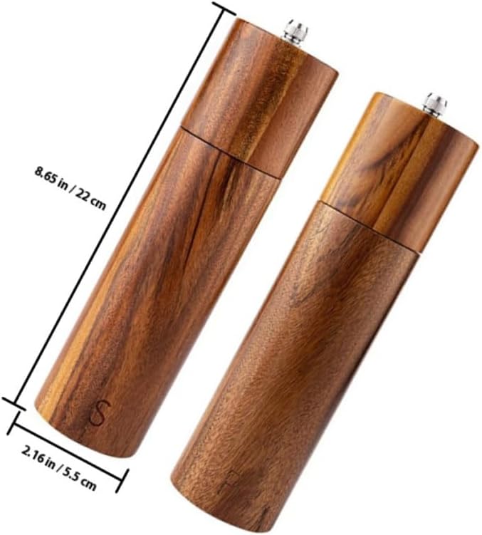 Manual Acacia Wood Pepper Grinder and Sea Salt Mill Set, 8-inch Cylindrical Ceramic Core Handheld Spice Grinder for Kitchen and Dining, 2pcs Pack with Color Box