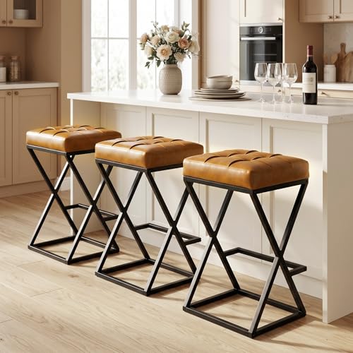 Image of Bar Stools Set of 3, 26 Inch Counter Height Stool Faux Leather Brown | Backless Counter Stools with X-Frame Metal Legs, 3.3 inch Upholstered Seat, Mid-Century Modern, for Kitchen Island, Home Bar