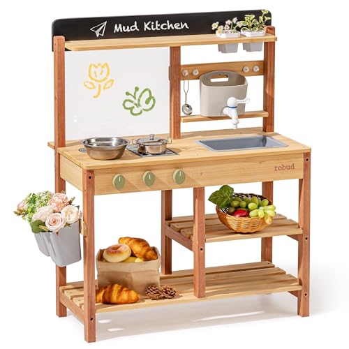 Robud Wooden Mud Kitchen for Kids Outdoor Pretend Play Kitchen Set with Running Water Sink Faucet Planting Pots & Cooking Accessories Educational Outdoor Toy Gift for Boys & Girls Ages 3+