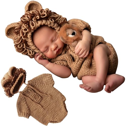 Xanewza Nouveau-Né Tenues de Photographie Bébé Crochet Tricoté Accessoires Photoshooting Set Costume Lion pour Bébé Garçon Fille Combinaison Tricotée + Bonnet...