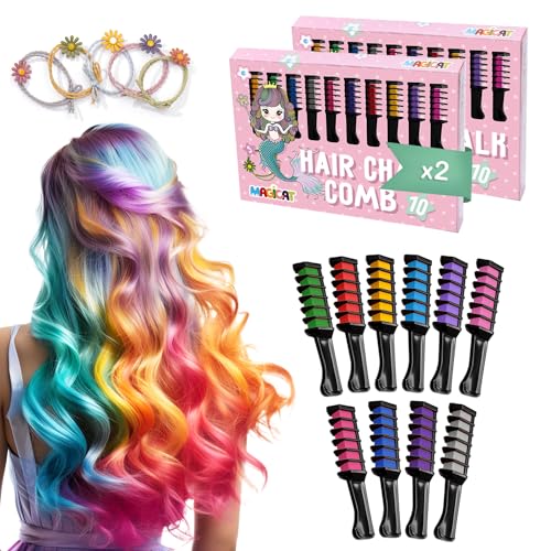 Magicat Gessetti Colorati per Capelli Deluxe Set | 2 confezioni da 10 colori + 5 elastici per capelli per bambini | Trucco per Feste di Halloween | Gessetti Lavabili per Capelli | Per Creatività e Div