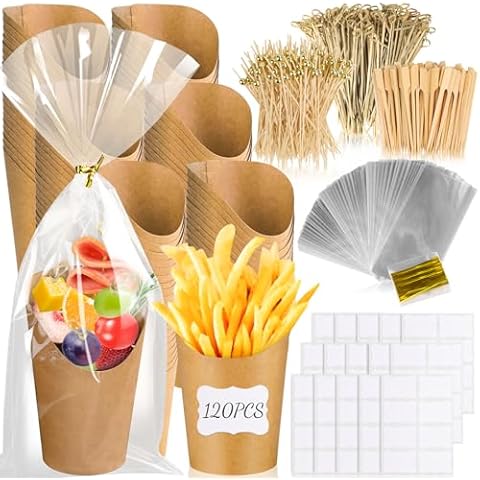 120 PCS Charcuterie Cups+300 Cocktail Sticks (3 Types)+120 Labels+120 Portable Bags，12 OZ Brown Kraft Paper Disposable Charcuterie Cups with Sticks，Appetizer Cups for Party Supplies Cover