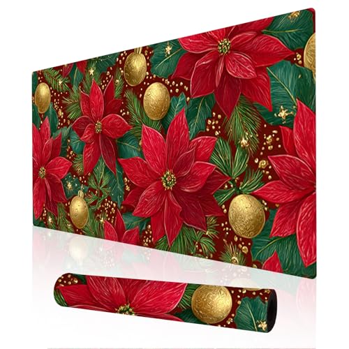Image of Nuxovilar Professional Large Mouse Pad & Computer Game Mouse Mat (35.4x15.7IN, Christmas Poinsettia & Gold Ornaments) (90 * 40cm Christmas Theme)