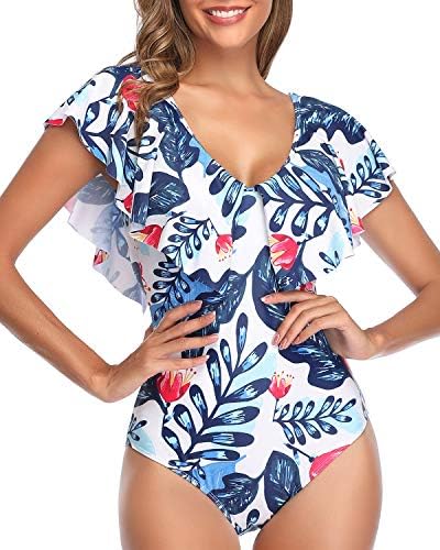 Tempt Me Women White Blue Leaves Ruffle One Piece Swimsuit Flounce Sleeve V Neck Tummy Control Bathing Suit for Teen Girls L