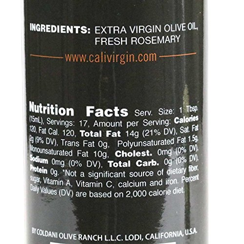 Calivirgin Rosemary Olive Oil - Rosemary Infused Extra Virgin Olive Oil - Cold Pressed Olive Oil - Rosemary Flavored Olive Oil - No Preservatives, Organically Grown Olives - Gourmet Olive Oil - 250ml