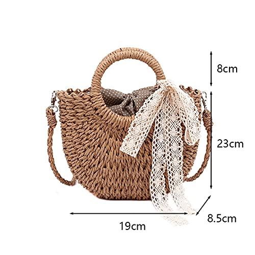Straw Bag Women Hand-Woven Handbag Moon Shape Lace Bow Rattan Bag Big Capacity Drawstring Casual Beach Shoulder Crossbody Bag (A 19X8.5X23Cm)2