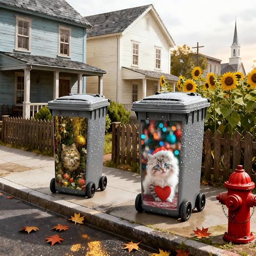 Image of 2 PC Trash Can Sticker 14.57 x 32.28 Inch Fluffy Kitten Christmas Vinyl Sticker with Santa Hat Red Heart Gold Ornament Pine Garland for Outdoor Garbage Bin Garden Yard Decor