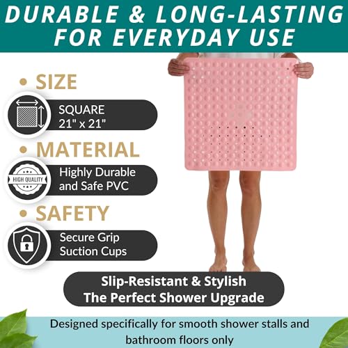 Image of ENKOSI Square Shower Mat - 21 x 21 Inch Non-Slip Mat with Suction Cups and Drain Holes - Anti-Slip Square Bathroom Bathtub Shower Mats for Inside Shower (21x21 Baby Pink)