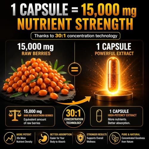 Image of Himalayan Sea Buckthorn Capsules 15000 mg | Sea Buckthorn Berry Extract | with Omega-7 | High Potency Antioxidant Supplement for Immune Support, Digestive & Heart Health | 60 Veg Capsules