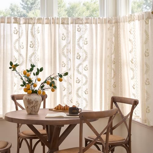 Image of jinchan Beige Floral Linen Kitchen Tier Curtains 50x54 Inch 2 Panels