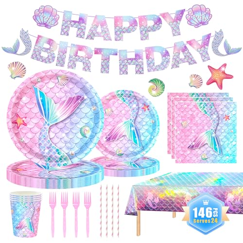 146Pcs Mermaid Plates and Napkins mermaid Party Supplies Includes...
