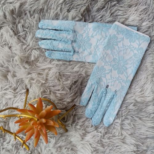 Light blue women's short floral lace gloves2