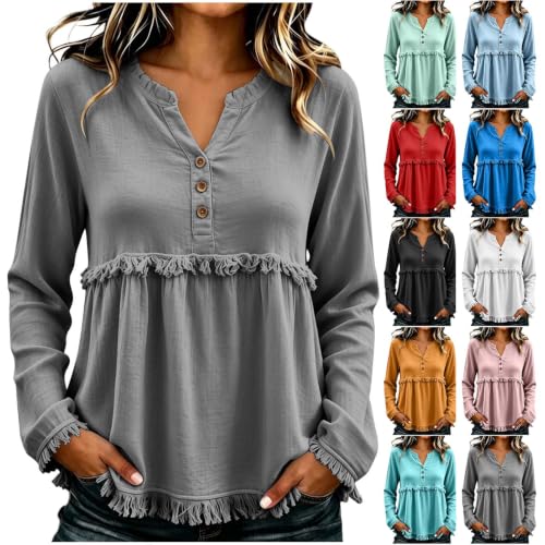 Western Tops for Women Fringe Trim Split Neck Henley Long Sleeve Blouse Relaxed Fit Boho Casual Fall Peasant Shirt Flowy Tops for Women Summer Gray S - image 1
